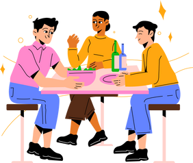 Lined Bright Friends Hanging Out over Lunch