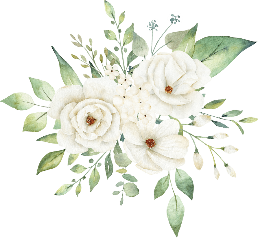 Watercolor Bouquet of White Flowers and Greenery Leaves